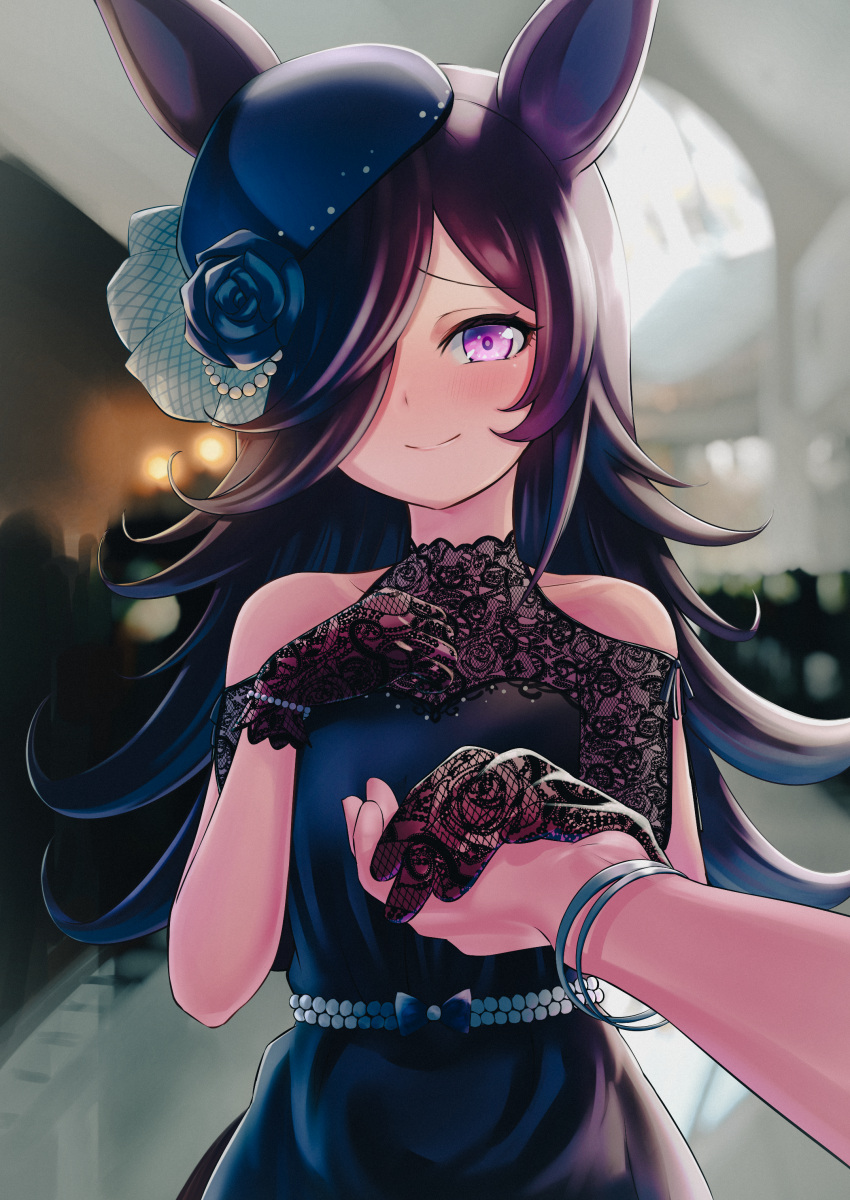 1girl, 1other, absurdres, animal_ears, bare_shoulders, black_gloves, black_hair, blue_dress