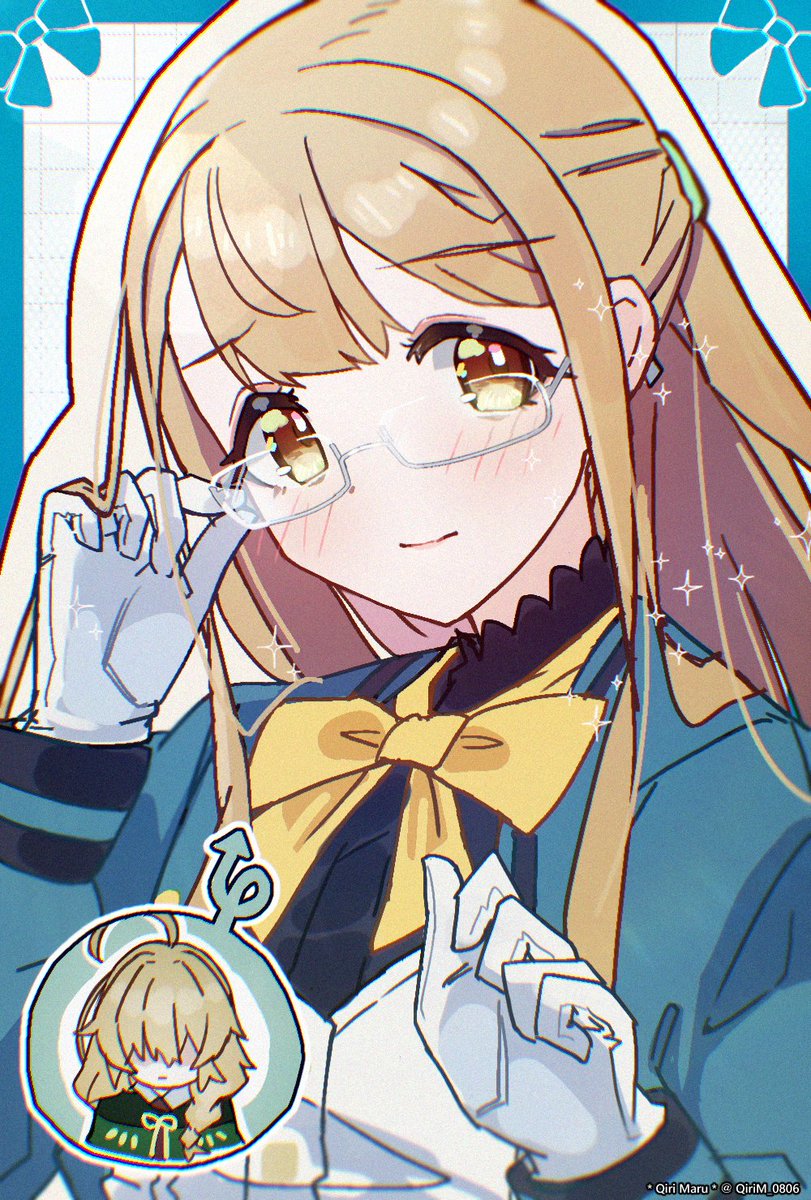 1girl, adjusting_eyewear, alternate_hairstyle, aqua_jacket, blush, brown_eyes, brown_hair, chibi
