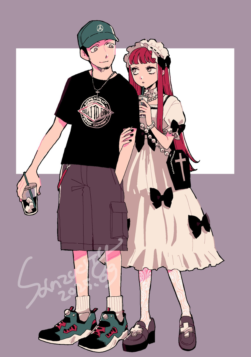 1boy, 1girl, :o, artist_name, baseball_cap, black_bow, black_hair, black_shirt