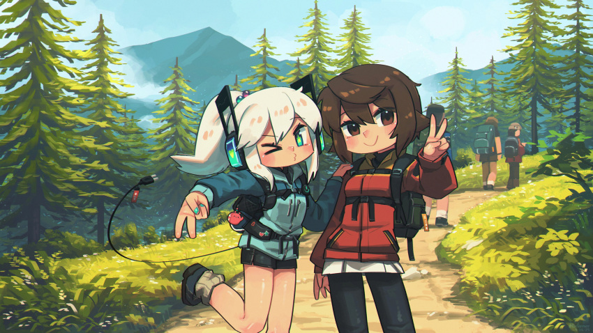 >_o, 2girls, 3others, absurdres, aqua_eyes, aqua_nails, backpack, bag