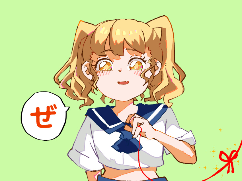 1girl, blonde_hair, blue_sailor_collar, blush, fang, green_background, kitashirakawa_chiyuri, midriff