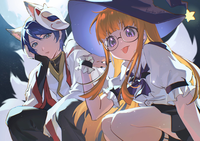 1boy, 1girl, :p, animal_ears, artist_name, black-framed_eyewear, black_gloves, black_pants