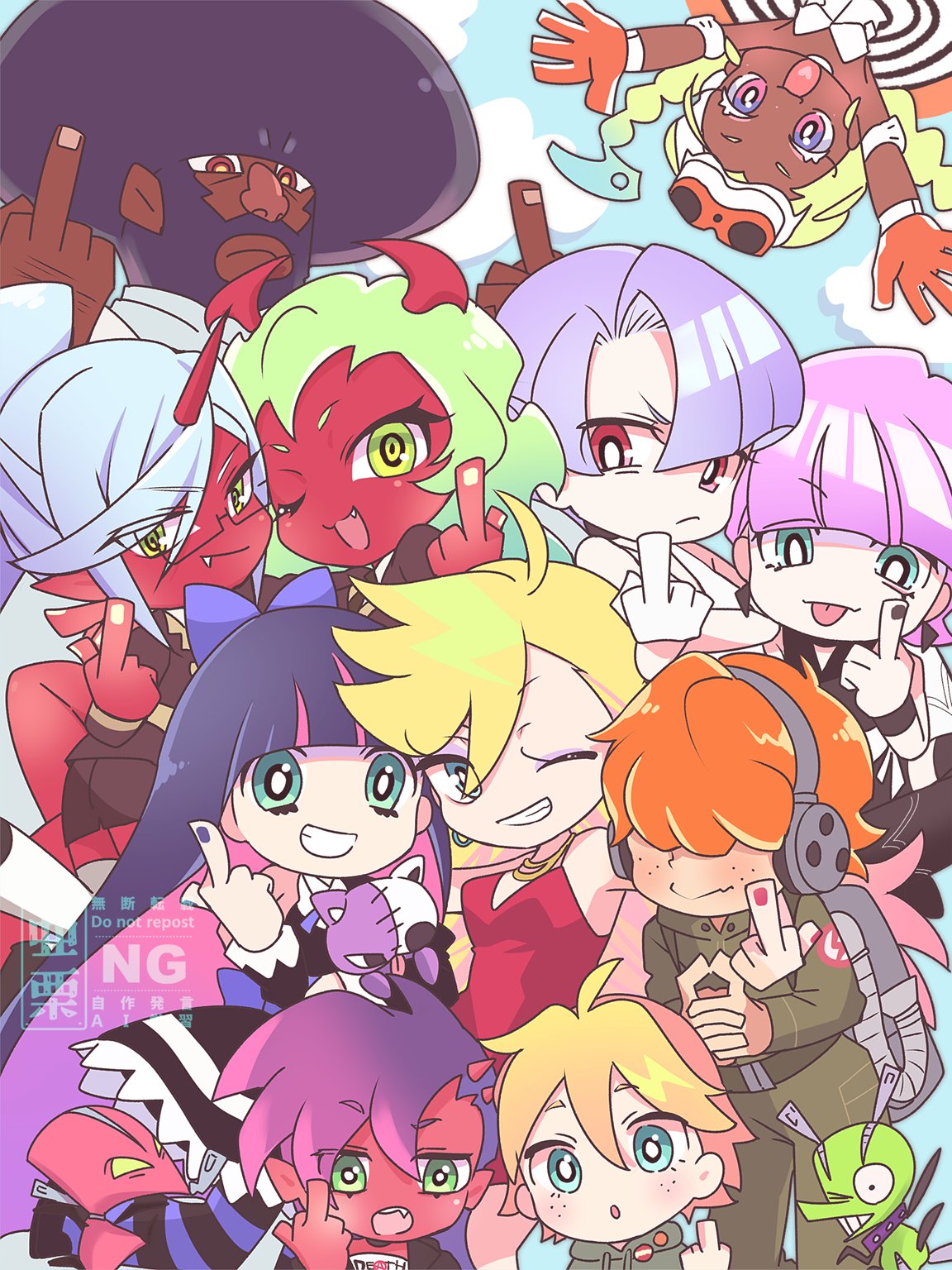 6+boys, 6+girls, afro, aguri_(aaa_guwo), bastard_(psg), black_hair, blonde_hair, blue_eyes, blue_sky, blush, bow, brief_(psg), chuck_(psg), couple, dress, fang, fastener_(psg), father_and_son, garterbelt_(psg), ghostbusters_uniform, goggles, goggles_on_head, goth_fashion, gothic_lolita, green_eyes, green_hair, green_hoodie, grey_hair, gunsmith_bitch_(psg), hair_bow, happy, highres, honekoneko_(psg), hood, hoodie, husband_and_wife, junior_(psg), kneesocks_(psg), lolita_fashion, middle_finger, mother_and_son, multicolored_hair, multiple_boys, multiple_girls, one_eye_closed, panty_&amp;_stocking_with_garterbelt, panty_(psg), pet, pink_hair, polyester_(psg), polyurethane_(psg), purple_hair, red_dress, red_eyes, scanty_(psg), sky, smile, stocking_(psg), tongue, tongue_out, violet_eyes