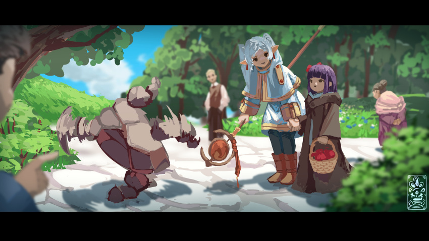 2boys, 3girls, absurdres, aged_down, black_pantyhose, brown_dress, brown_hair, capelet