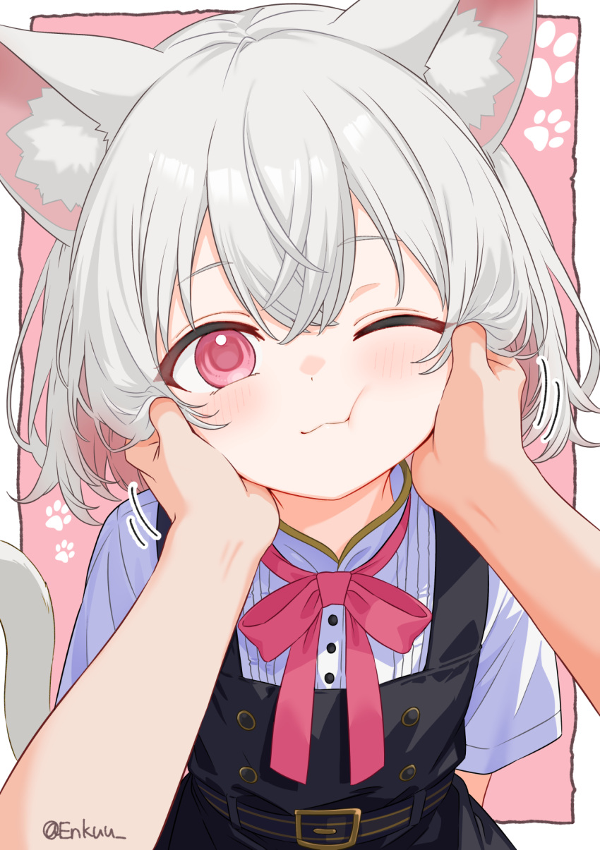 1girl, 1other, animal_ear_fluff, animal_ears, black_dress, blush, border, bow