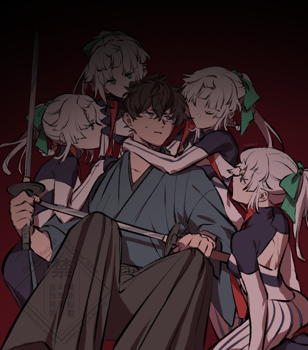 1boy, 4girls, armpit_cutout, aud0854_01, back_cutout, black_bodysuit, black_hair, black_hakama