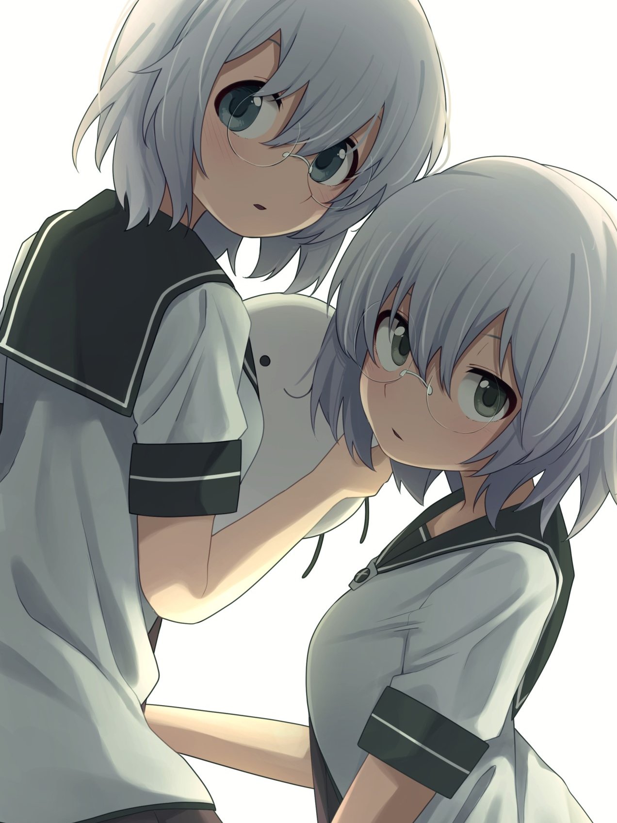 2girls, black_sailor_collar, black_trim, blue_eyes, breasts, commentary_request, glasses, grey_eyes
