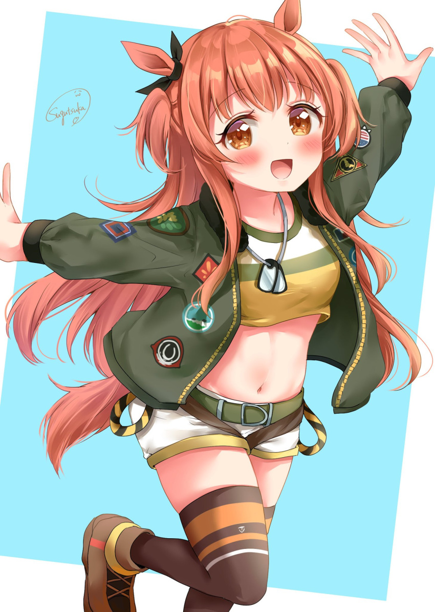 1girl, :d, animal_ears, aqua_background, belt, blush, bomber_jacket, bow, breasts, brown_ribbon, brown_shoes, brown_thighhighs, commentary, dog_tags, ear_bow, ear_ribbon, green_belt, green_jacket, highres, horse_ears, horse_girl, horse_tail, jacket, leg_up, long_hair, long_sleeves, looking_at_viewer, mayano_top_gun_(racehorse), mayano_top_gun_(scramble_zone)_(umamusume), mayano_top_gun_(umamusume), medium_breasts, navel, open_mouth, orange_eyes, orange_hair, orange_tail, outstretched_arms, ribbon, shirt, shoes, shorts, signature, smile, solo, spread_arms, sugutsuka_rerun, tail, thigh-highs, two-tone_background, two_side_up, umamusume, white_background, white_shorts