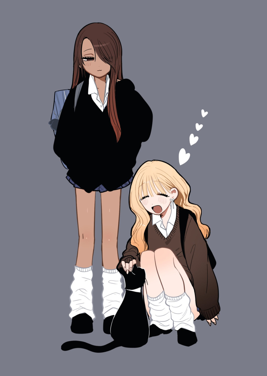 2girls, bag, black_cardigan, black_cat, black_shoes, blonde_hair, brown_eyes, brown_hair, brown_sweater, cardigan, cat, closed_eyes, closed_mouth, collared_shirt, commentary, dark-skinned_female, dark_skin, earrings, greyscale, gyaru, hair_over_one_eye, hashtag-only_commentary, heart, highres, inoue_koharu, jewelry, long_hair, loose_socks, monochrome, multiple_girls, open_mouth, original, petting, school_bag, school_uniform, shirt, shoes, smile, socks, squatting, standing, sweater, taooka_yua, watase_reina, white_shirt, white_socks