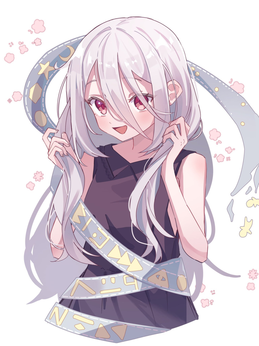 1girl, bare_shoulders, black_shirt, commentary, hair_between_eyes, highres, holding, holding_own_hair
