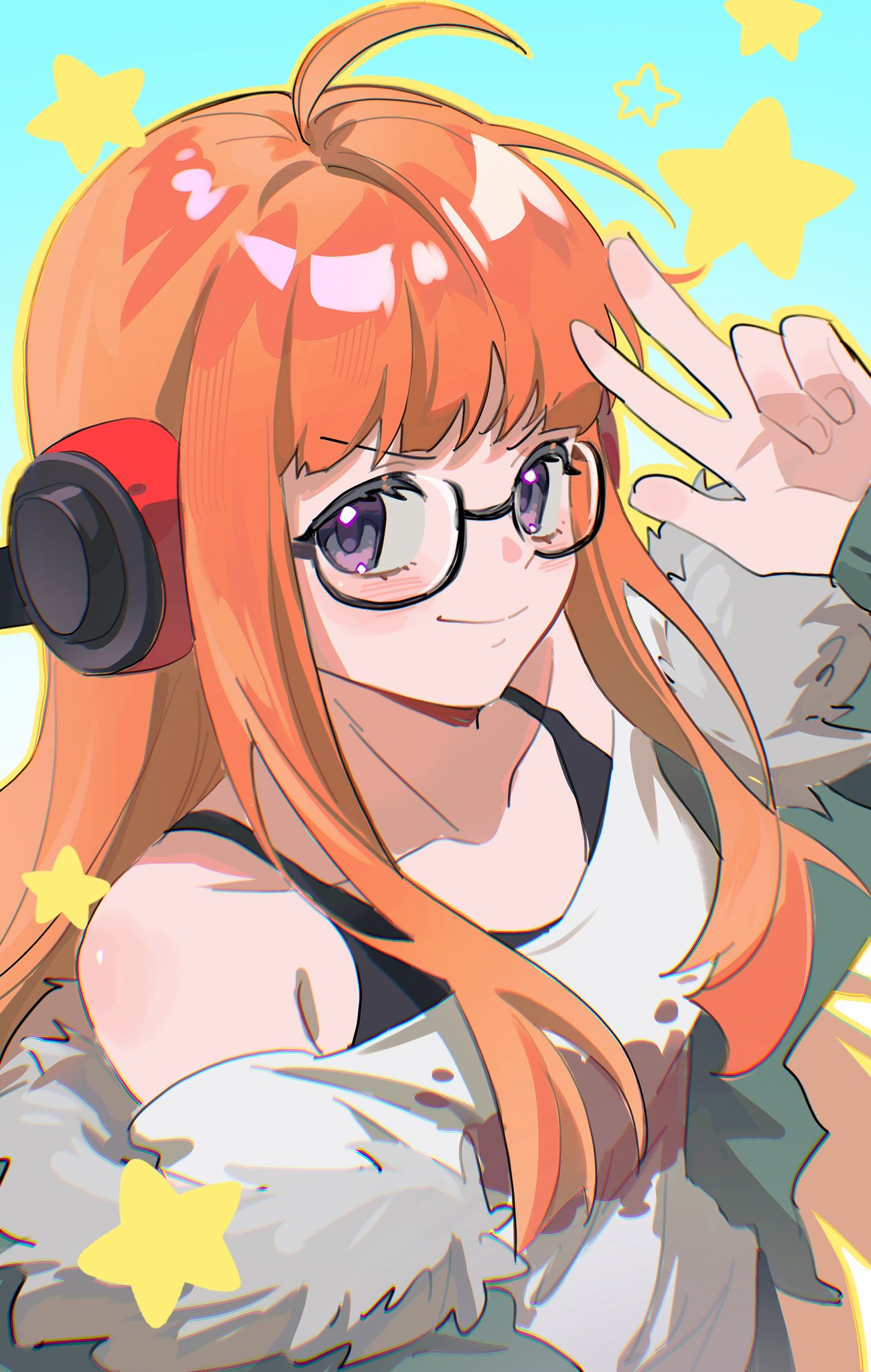 1girl, ahoge, behind-the-head_headphones, black-framed_eyewear, black_tank_top, blue_background, blunt_bangs, blush, closed_mouth, collarbone, commentary, commentary_request, fur-trimmed_jacket, fur_trim, glasses, green_jacket, hand_up, hashtag-only_commentary, headphones, highres, jacket, jacket_partially_removed, long_hair, looking_at_viewer, off-shoulder_shirt, off_shoulder, orange_hair, outline, persona, persona_5, print_shirt, qianyewuli, sakura_futaba, shirt, sidelocks, smile, solo, star_(symbol), symbol-only_commentary, tank_top, upper_body, v, violet_eyes, white_shirt, yellow_outline