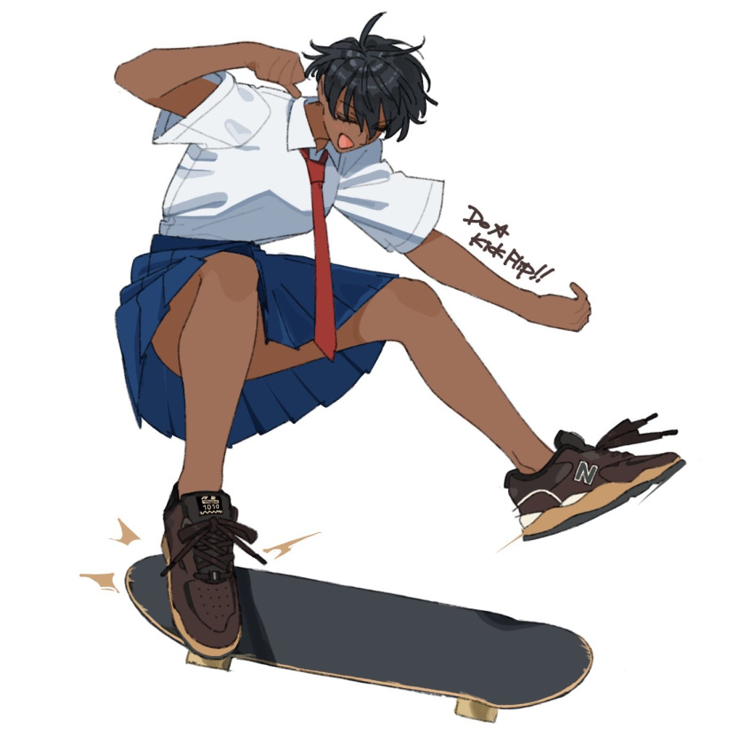 billyonthestraw, black_hair, blue_skirt, dark-skinned_female, dark_skin, english_text, highres, kickflip