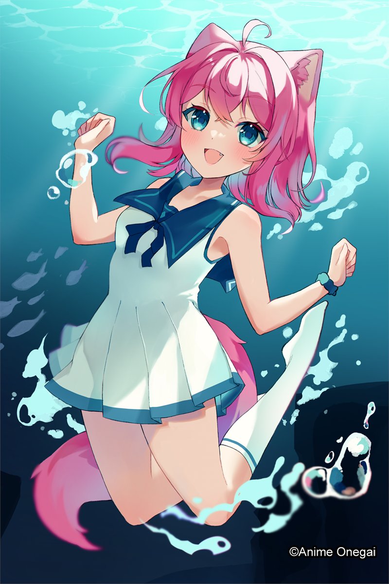 1girl, :d, ahoge, air_bubble, animal_ear_fluff, animal_ears, anime_onegai, aqua_eyes