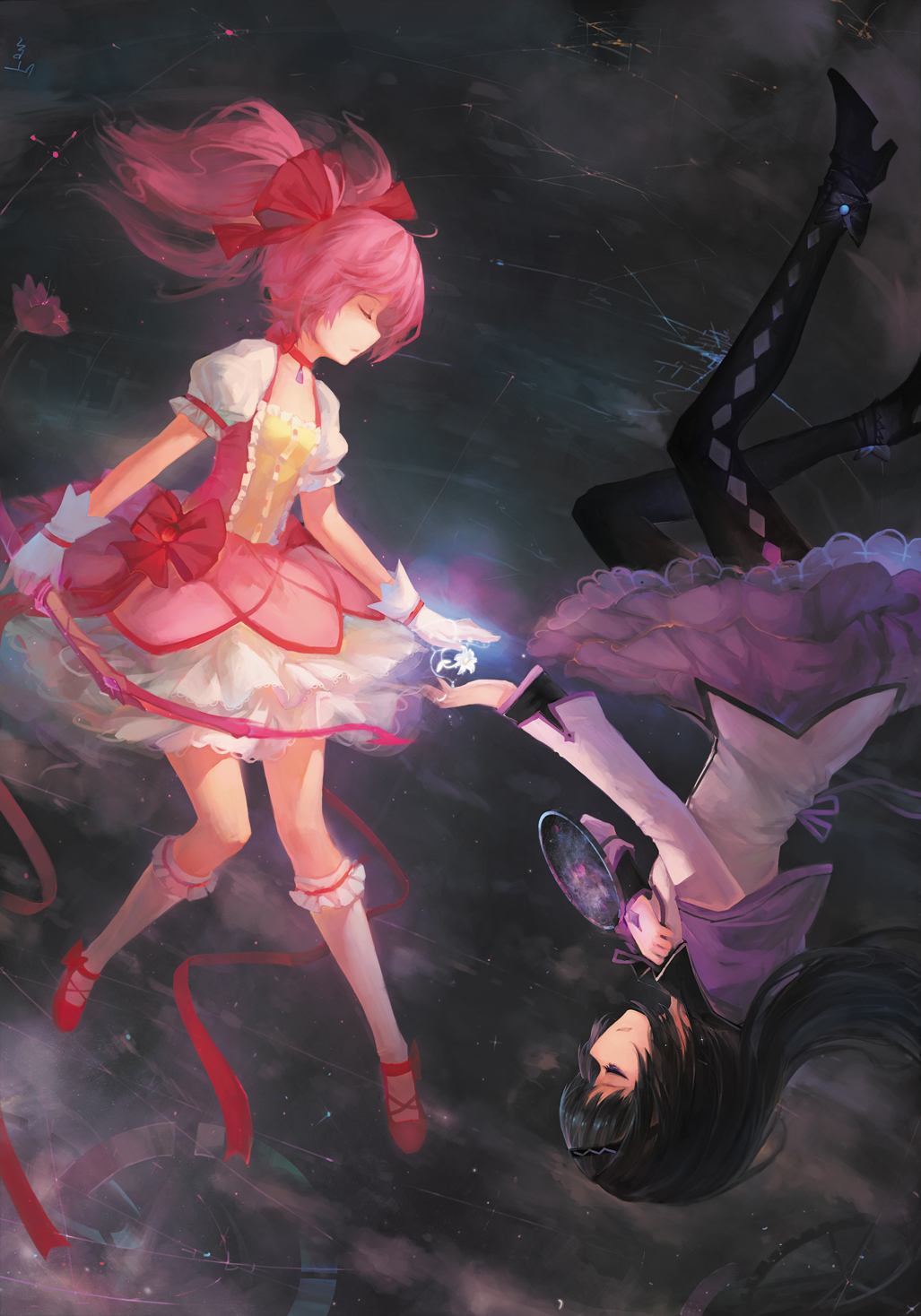 akemi_homura, argyle, argyle_legwear, black_hair, bow_(weapon), closed_eyes, eyes_closed, flower