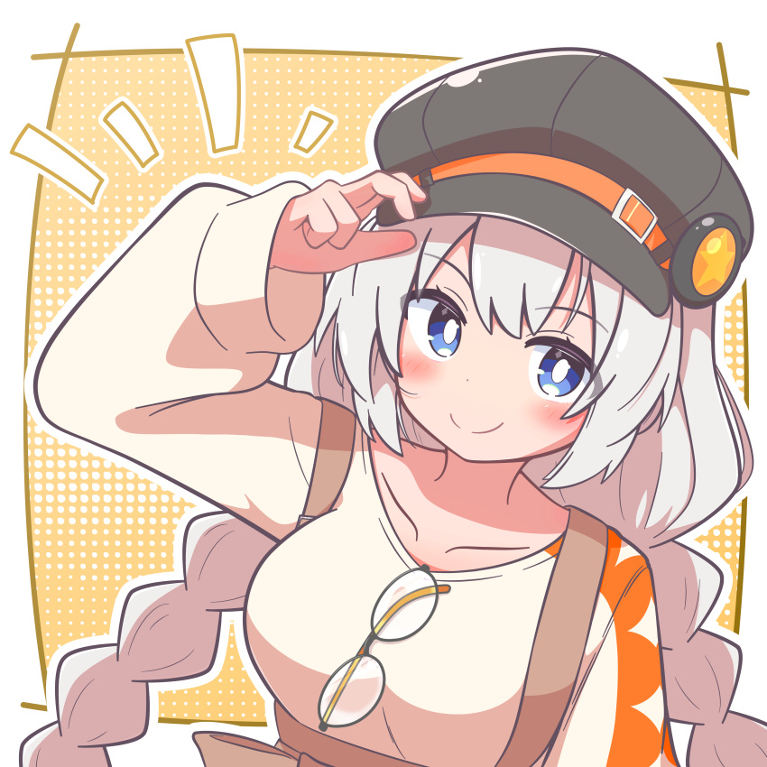 1girl, a.i._voice, absurdres, black_hat, blue_eyes, blush_stickers, braid, breasts, collarbone, commentary_request, glasses, hand_on_headwear, hat, hat_belt, hat_ornament, highres, kizuna_akari, kizuna_akari_(a.i._voice), long_hair, long_sleeves, looking_at_viewer, low_twin_braids, medium_breasts, newbear, newsboy_cap, sidelocks, skirt, smile, solo, suspenders, sweater, twin_braids, unworn_eyewear, upper_body, very_long_hair, voiceroid, white_sweater
