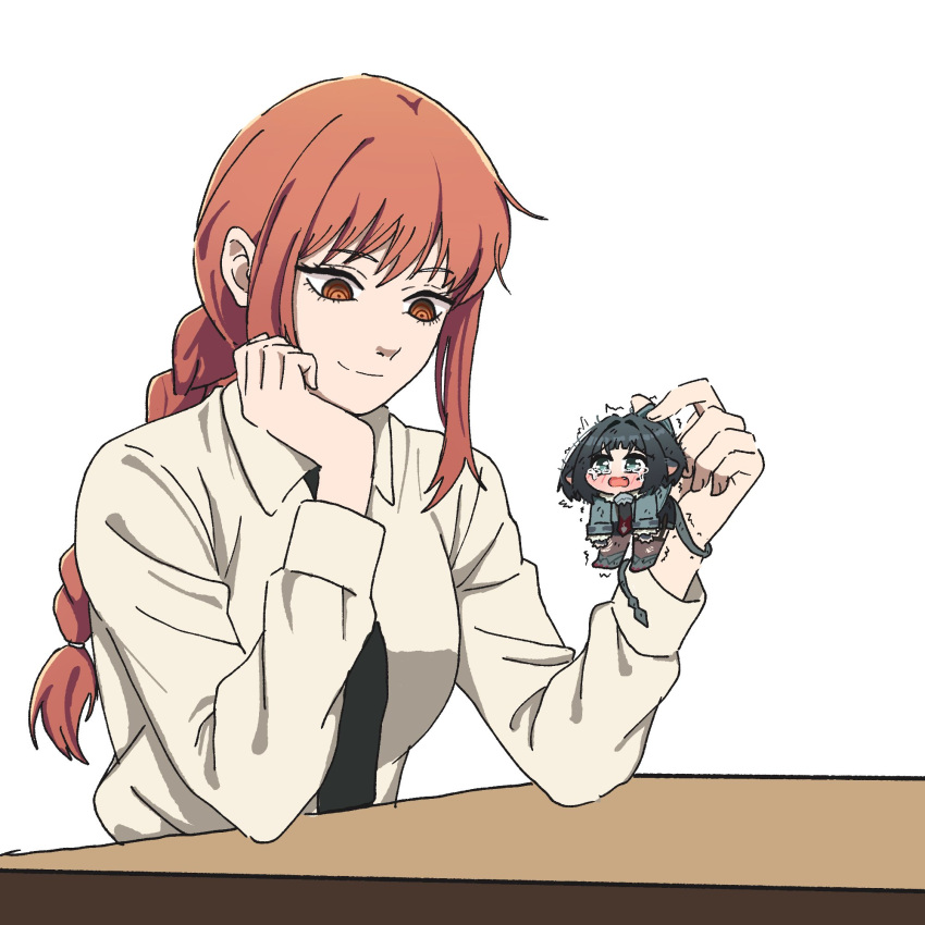 2girls, animal_ears, black_hair, black_necktie, bluebird_(leh951025), blush, braid, chainsaw_man