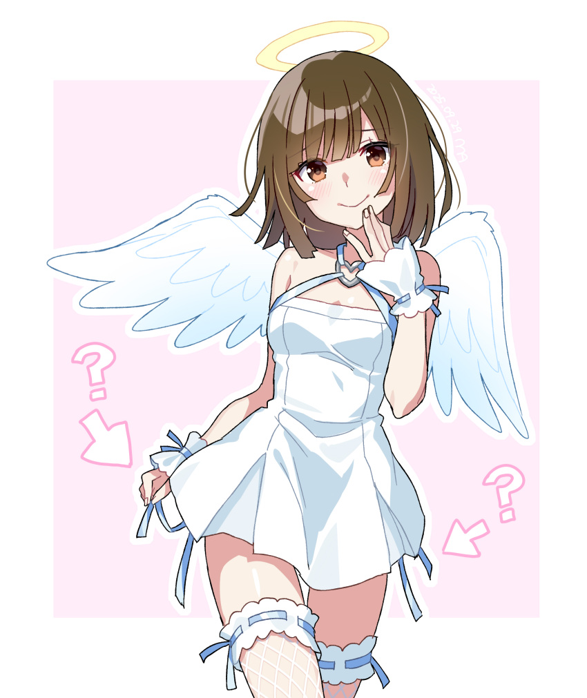 1girl, ?, absurdres, angel_wings, arrow_(symbol), bare_shoulders, blue_ribbon, brown_eyes