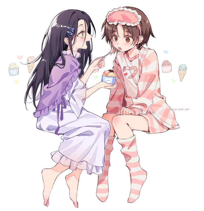 2girls, barefoot, black_hair, brown_eyes, brown_hair, food, full_body, hair_ornament, hairclip, highres, holding, holding_spoon, ice_cream, invisible, kamisaki_hikaru, kneehighs, long_hair, looking_at_another, medalist_(manga), multiple_girls, nightgown, oumi_hrak_npr, pajamas, purple_nightgown, shirt, short_hair, simple_background, sitting, sleep_mask, socks, spoon, striped_clothes, striped_socks, white_background, white_shirt, yellow_eyes, yuitsuka_inori