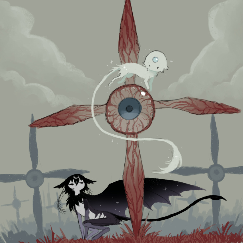 animal_ears, black_hair, black_tail, black_wings, blue_gemstone, body_fur, clouds, creature
