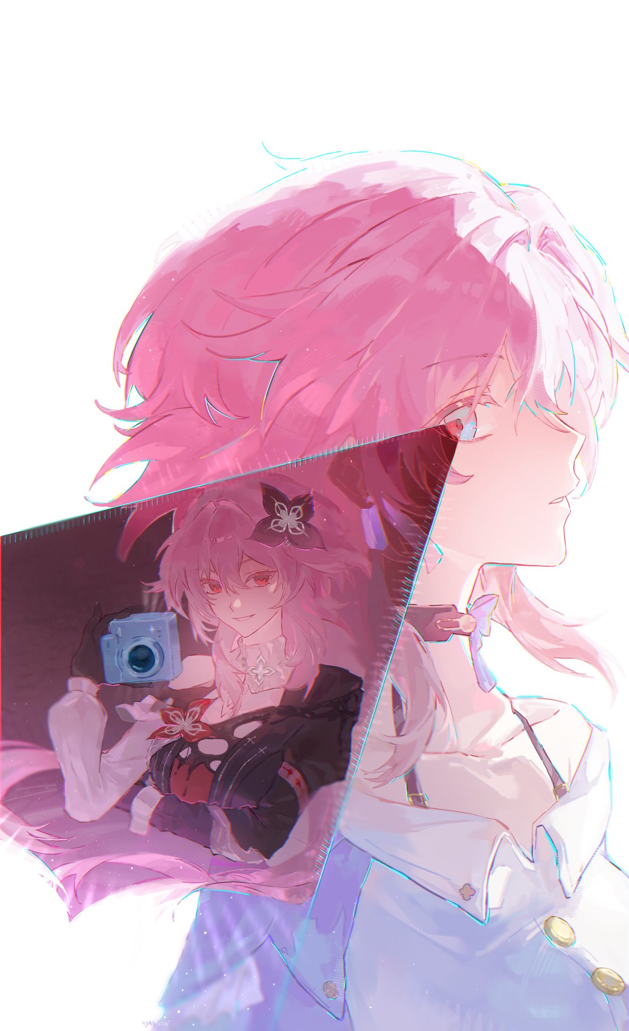 2girls, asymmetrical_sleeves, black_choker, black_gloves, buttons, camera, choker, dual_persona, evernight_(honkai:_star_rail), flower, from_side, gloves, hair_between_eyes, hair_flower, hair_ornament, highres, holding, holding_camera, honkai:_star_rail, honkai_(series), maowvi7, march_7th_(honkai:_star_rail), march_7th_(preservation)_(honkai:_star_rail), mismatched_sleeves, multicolored_eyes, multiple_girls, pink_hair, red_eyes, shirt, single_bare_shoulder, smile, two-tone_eyes, upper_body, white_shirt
