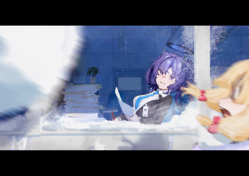 2girls, absurdres, black_halo, blonde_hair, blue_archive, blue_necktie, breasts, halo