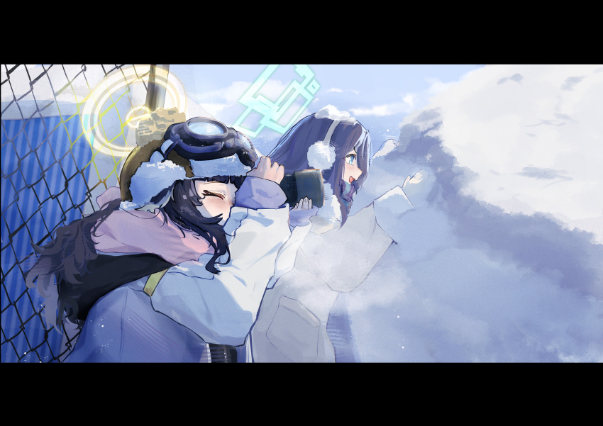 2girls, absurdres, animal_ears, aqua_halo, aris_(blue_archive), aris_(winter)_(blue_archive), black_hair, blue_archive