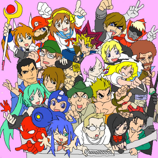 1990s_(style), 1:1_aspect_ratio, 2000s_(style), 2011, 6+boys, 6+girls, :d, abe_takakazu, alice_margatroid, angry, angry_german_kid, aqua_eyes, aqua_hair, bad, bald, black_eyes, black_gloves, black_hair, black_shirt, blonde_hair, blue_eyes, blue_shirt, bob_ross, bow, brown_eyes, brown_hair, capcom, clenched_teeth, closed_eyes, earth_defense_force, everyone, fingerless_gloves, full_metal_jacket, glasses, gloves, gouketsuji_ichizoku, green_eyes, green_shirt, grey_shirt, happy, hat, hatsune_miku, higurashi_no_naku_koro_ni, izumi_konata, kadokawa, kaiba_seto, katsura_kotonoha, king_of_fighters, kirisame_marisa, koizumi_itsuki, kotohime_(goketsuji_ichizoku), kuso_miso_technique, kyoto_animation, long_hair, long_sleeves, lowres, lucky_star, lyrical_nanoha, mahou_shoujo_lyrical_nanoha, maid, mario, mario_(series), marvel, mega_man_(series), meme, multicolored_hair, multiple_boys, multiple_girls, nico_nico_douga, niconico_rpg, nintendo, no_eyes, one_eye_closed, open_mouth, orange_hair, pink_background, pink_hair, poorly_drawn, red_shirt, ribbon, rockman, ryou_sakazaki, ryuuko_no_ken, sakazaki_ryo, school_days, school_uniform, sgt_hartman, shirt, short_hair, short_sleeves, sleeveless, snk, spider-man, spider-man_(series), super_mario_bros., super_smash_bros., superhero, suzumiya_haruhi, suzumiya_haruhi_no_yuuutsu, sweat, t-shirt, takamachi_nanoha, taniguchi, teeth, tomitake_jirou, touhou, twintails, utau, vocaloid, white_shirt, white_sleeves, wink, witch, witch_hat, yabeno_hikomaro, yami_yuugi, yellow_eyes, yu-gi-oh!, yuu-gi-ou, yuu-gi-ou_duel_monsters, zun