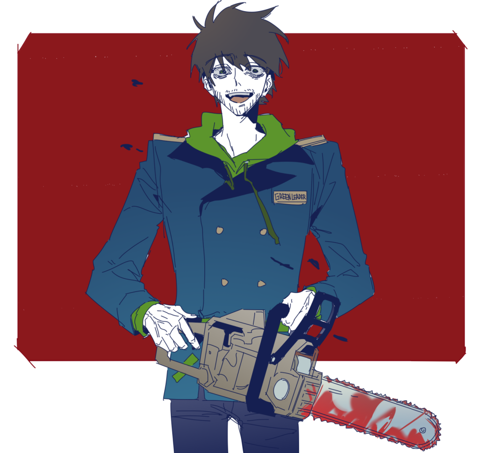 1boy, :d, antenna_hair, black_eyes, blue_jacket, border, brown_hair, buttons