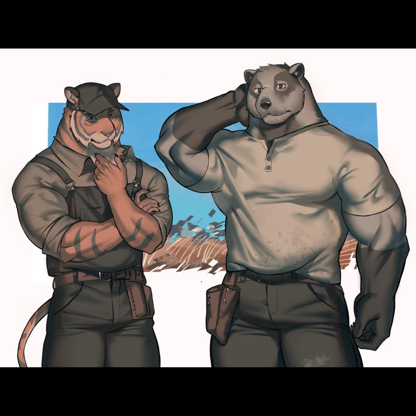 2boys, animal_ears, badger_boy, badger_ears, black_hat, black_pants, box_adonis, claws