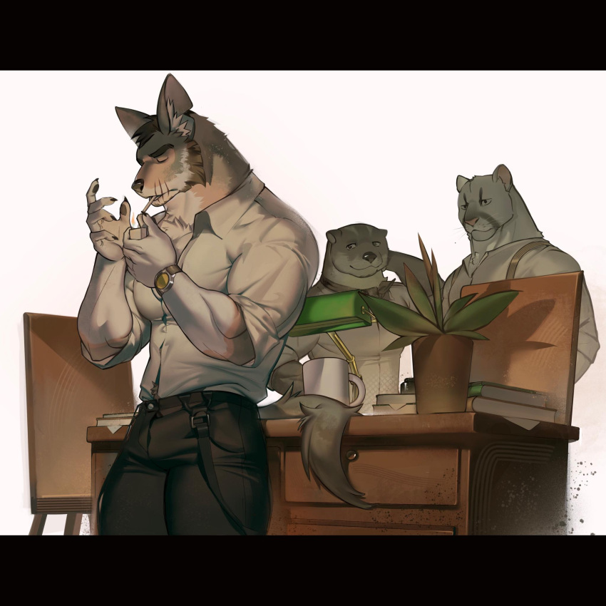 3boys, animal_ears, black_pants, box_adonis, chair, cigarette, claws, closed_eyes