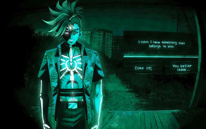 1boy, :d, abs, arm_markings, belt, belt_collar, bk_works, buzz_cut