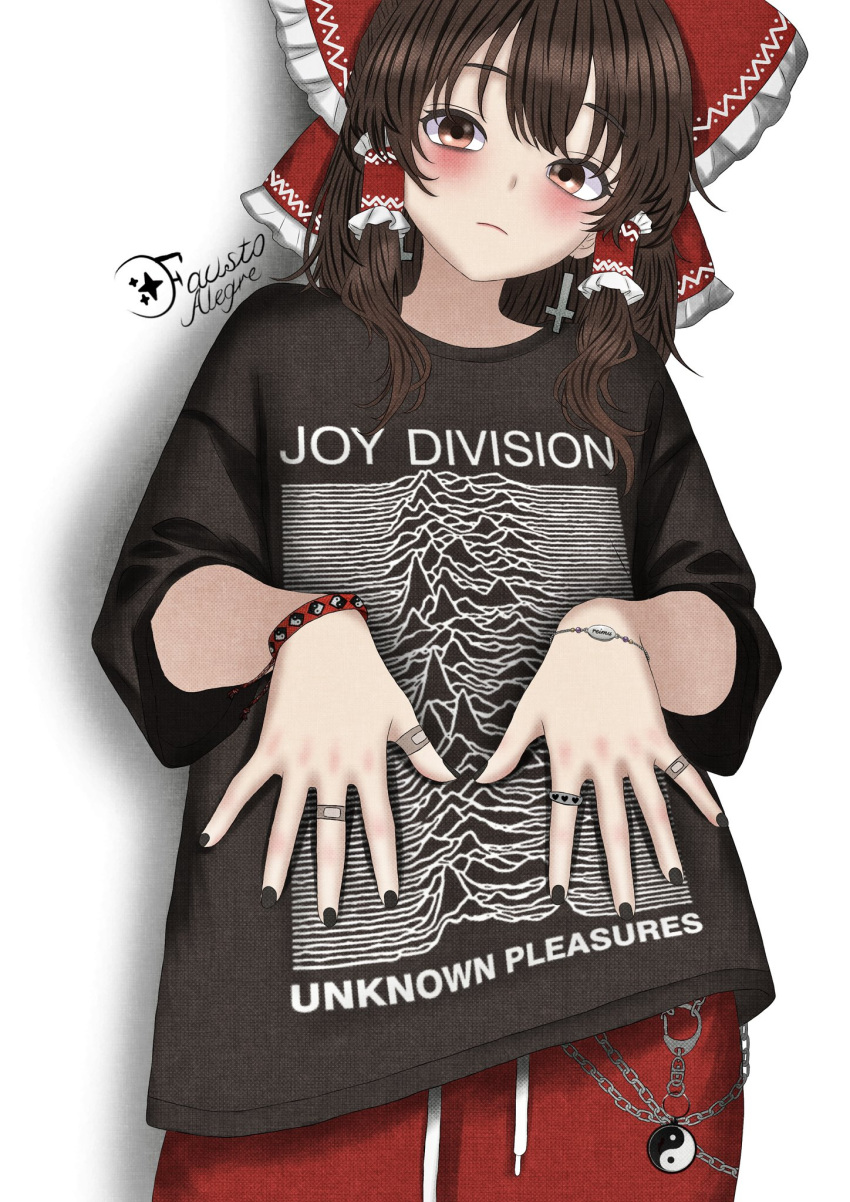 1girl, band_shirt, black_hair, black_nails, black_shirt, blush, bow, bracelet