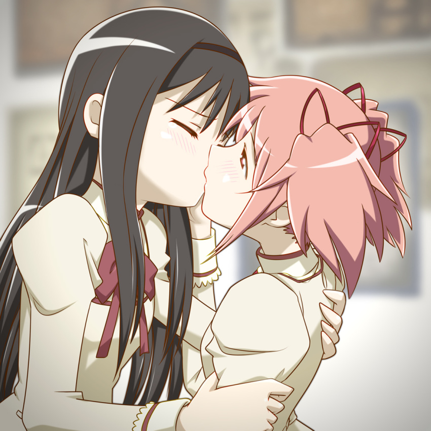 akemi_homura, anime_coloring, black_hair, blush, bow, closed_eyes, eyes_closed, hairband, kaname_madoka, kiss, long_hair, love, mahou_shoujo_madoka_magica, multiple_girls, mutual_yuri, pink_eyes, pink_hair, school_uniform, seriza_(hidepu), short_hair, short_twintails, twintails, yuri