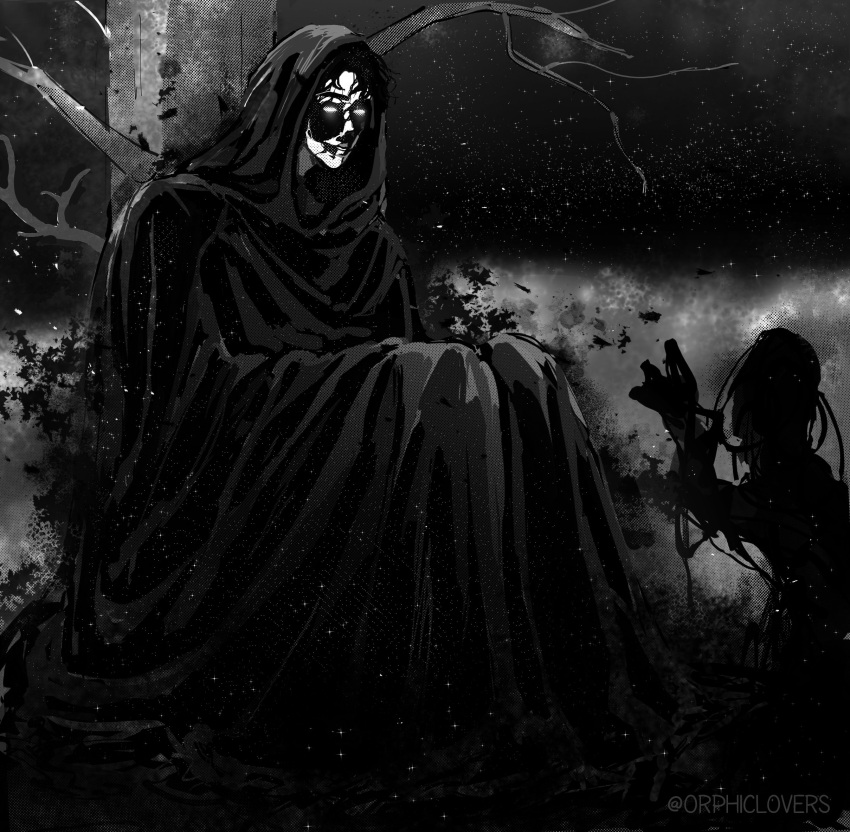 1other, bare_tree, black_hair, cloak, cracked_skin, dark, empty_eyes, exposed_bone