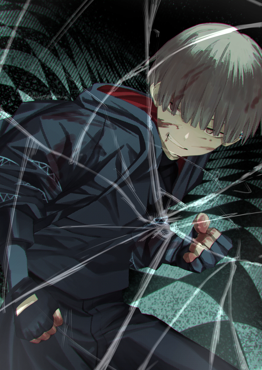 1boy, absurdres, blood, blood_in_hair, blood_on_clothes, blood_on_face, blood_on_hands, clenched_hand
