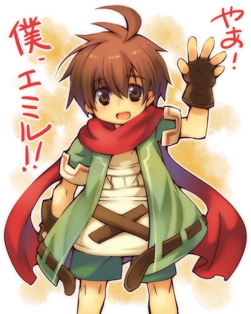 1boy, ahoge, belt, brown_belt, brown_eyes, brown_gloves, brown_hair, emil_(eco), emil_chronicle_online, gloves, green_jacket, green_shorts, jacket, open_mouth, rakisuke, red_scarf, scarf, shirt, shorts, solo, white_shirt
