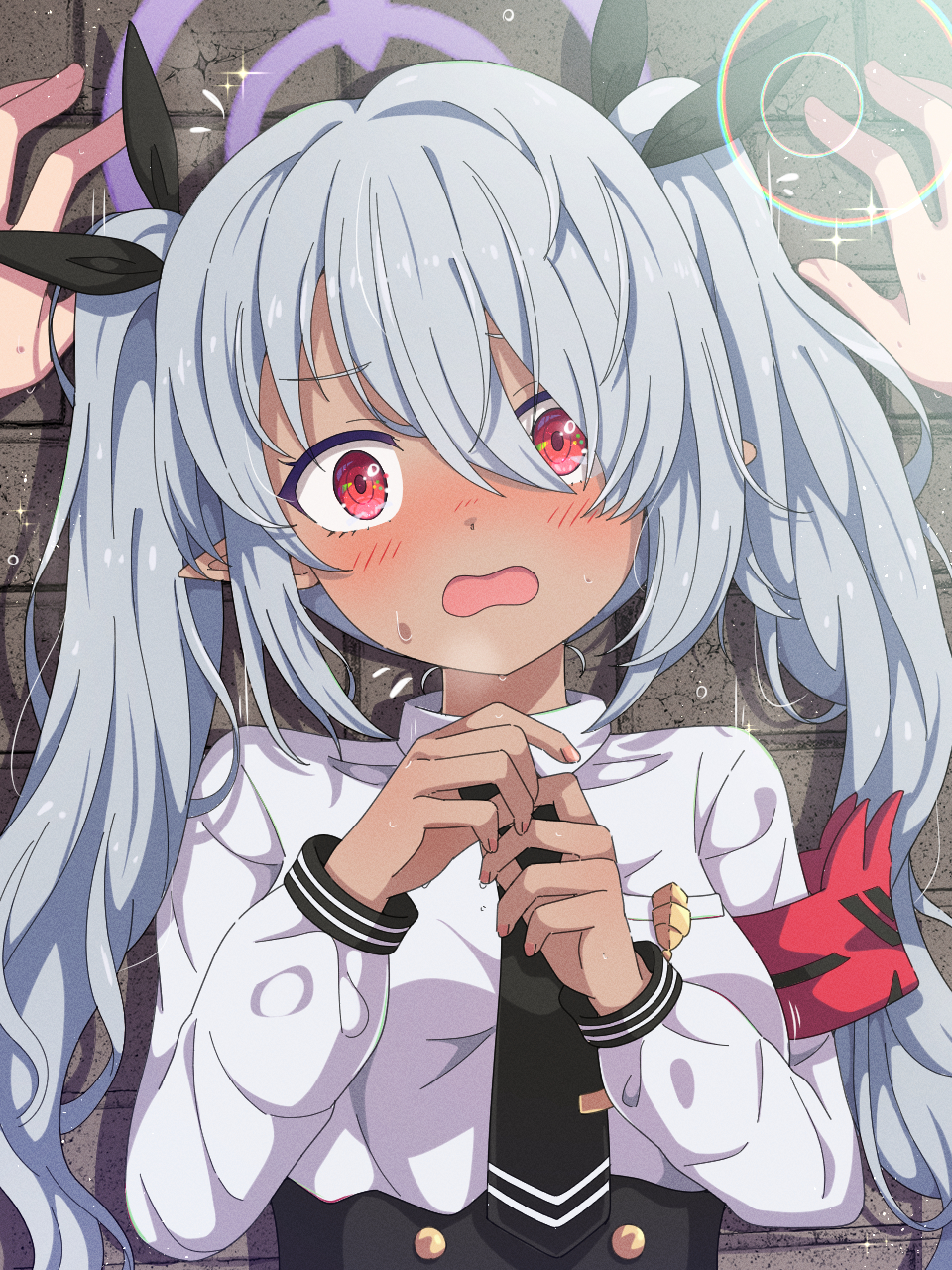 1girl, 1other, black_necktie, black_ribbon, blue_archive, blush, breath, collared_shirt, commentary_request, dark-skinned_female, dark_skin, demon_girl, dress_shirt, embarrassed, fingernails, grey_hair, hair_between_eyes, hair_over_one_eye, hair_ribbon, halo, hands_up, highres, iori_(blue_archive), kabedon, long_hair, long_sleeves, mikoshi_(user_wvyd4348), necktie, nervous_sweating, nose_blush, open_mouth, pointy_ears, pov, pov_hands, purple_halo, red_eyes, ribbon, school_uniform, shirt, sidelocks, solo_focus, sparkle, story_in_commentary, sweat, twintails, upper_body, very_long_hair, wavy_mouth, white_shirt, wide-eyed