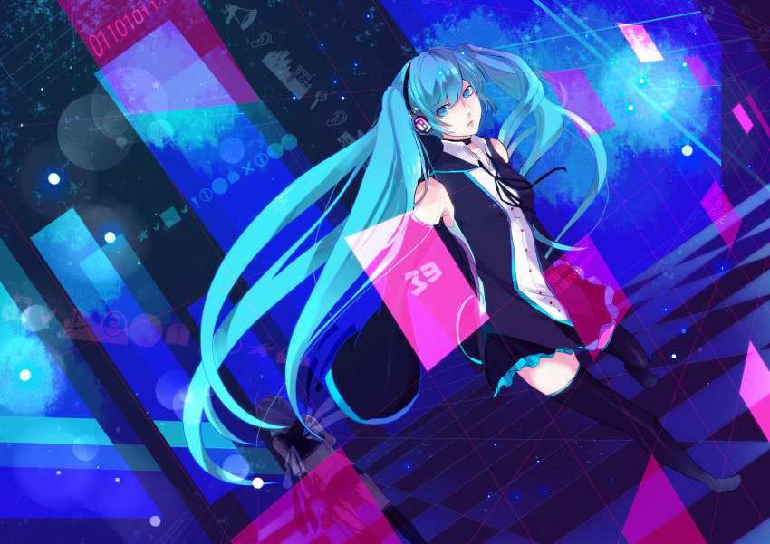 anaroguya, aqua_eyes, aqua_hair, binary, checkered, checkered_floor, hatsune_miku, headphones