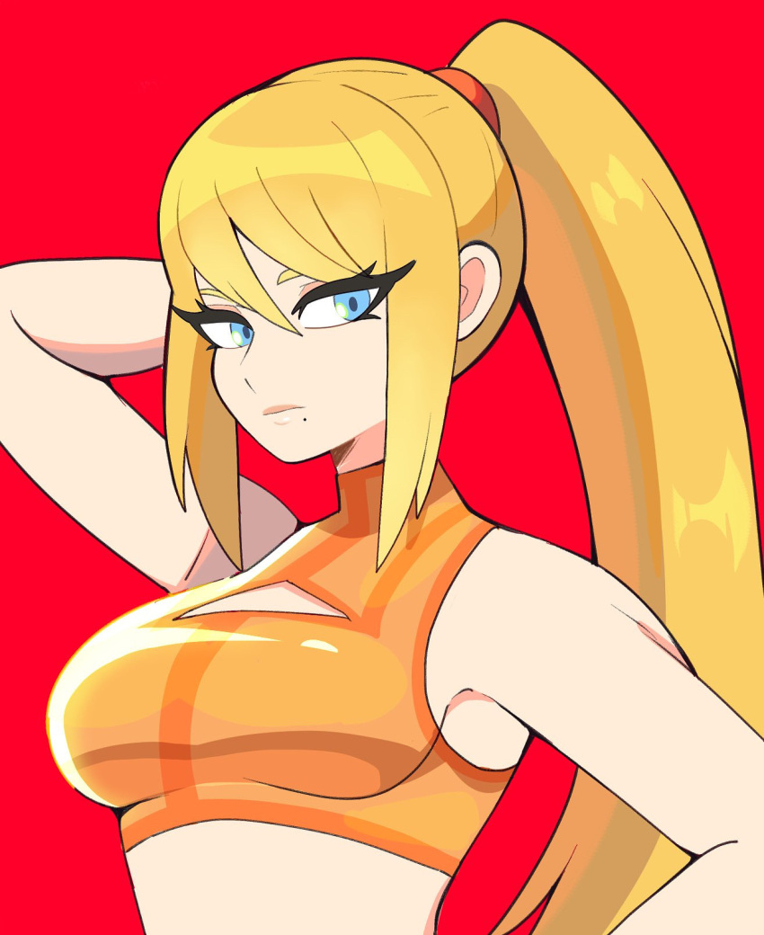 1girl, arm_up, bbycheese, blonde_hair, blue_eyes, breasts, cleavage_cutout, clothing_cutout