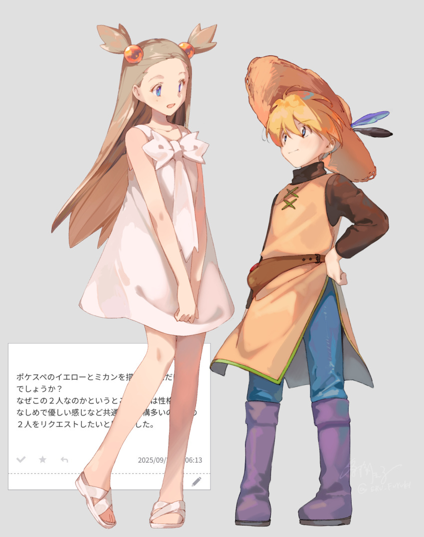 2girls, bare_shoulders, blonde_hair, blue_eyes, blue_pants, boots, bow, breasts