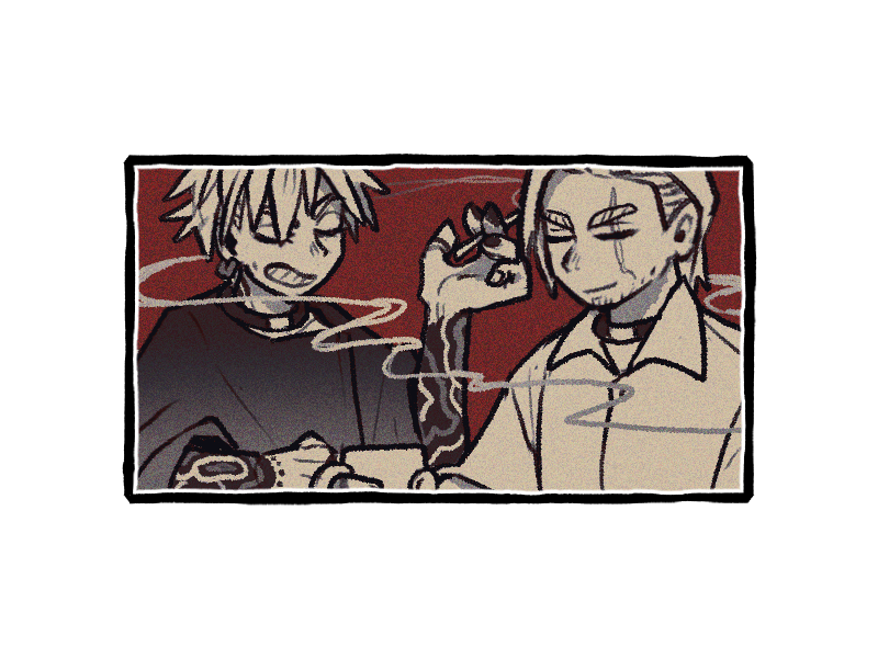 2boys, choker, cigarette, closed_eyes, closed_mouth, collared_shirt, earrings, enjin_(gachiakuta)