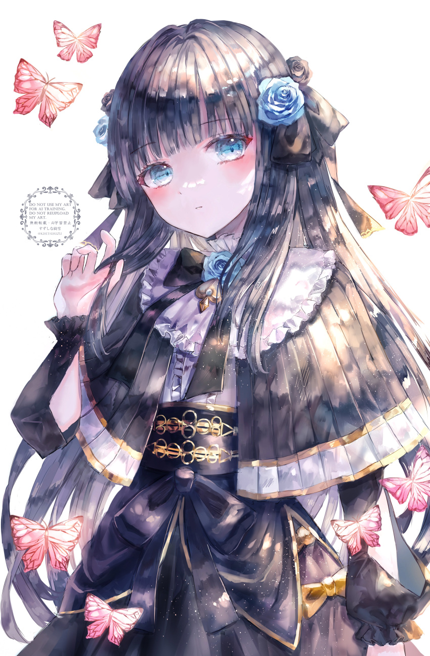 1girl, absurdres, arcaea, arm_at_side, arm_cutout, black_bow, black_bowtie, black_capelet
