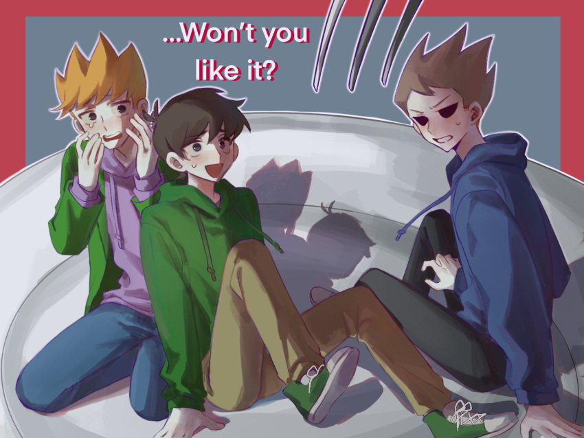 3boys, :d, antenna_hair, arm_support, black_eyes, black_pants, blonde_hair, blue_hoodie