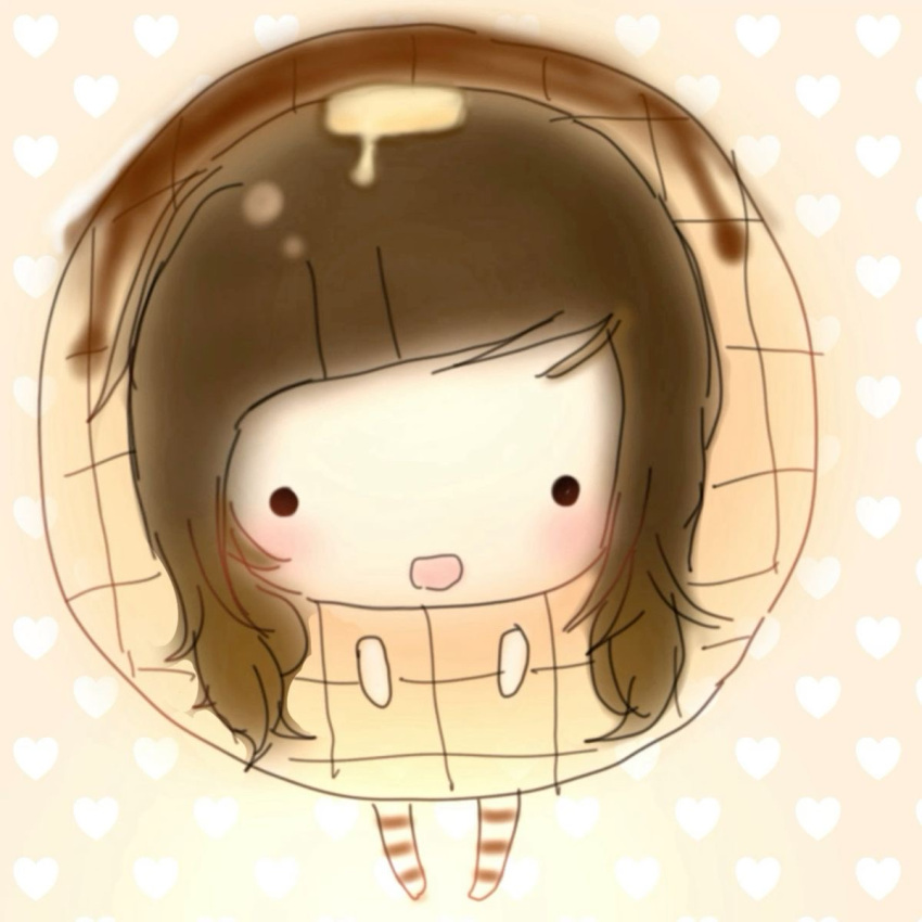 ._., 1girl, :d, alternate_skin_color, bare_arms, black_eyes, blush, brown_hair, butter, canihavepromo, chibi, chibi_only, cute, food-themed_clothes, food_costume, food_themed_clothes, heart, heart_background, marie_(canihavepromo), medium_hair, open_mouth, original, patterned_background, real_life, simple_background, sketch, solo, stockings, striped, striped_clothes, striped_socks, syrup, waffle