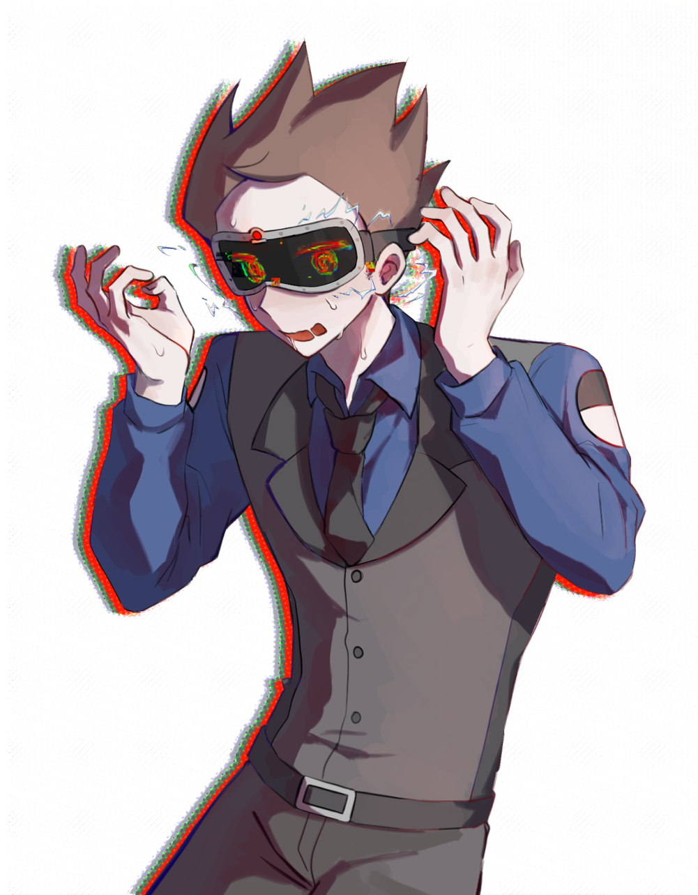 1boy, @_@, belt, black_necktie, blue_shirt, brown_hair, buttons, chinese_commentary