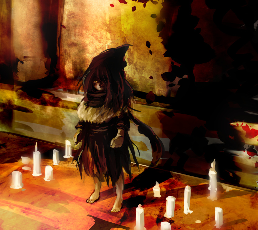 1boy, barefoot, brown_eyes, brown_hair, brown_hood, brown_shirt, candle, closed_mouth
