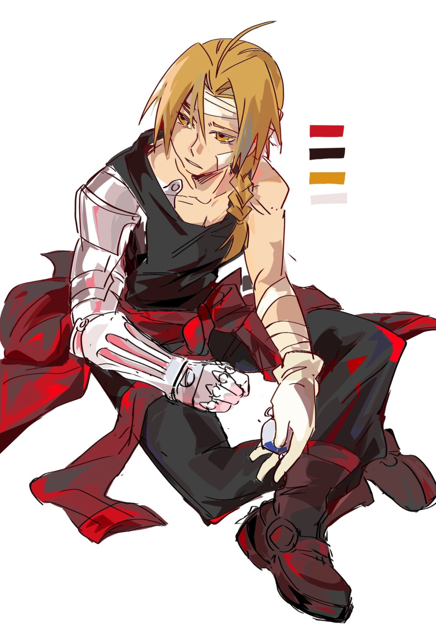 1boy, ahoge, bailanlam, bandaged_arm, bandaged_head, bandages, bandaid, bandaid_on_cheek, bandaid_on_face, bare_shoulders, black_pants, black_tank_top, blonde_hair, boots, braid, brown_boots, coat, coat_around_waist, color_guide, edward_elric, fullmetal_alchemist, furrowed_brow, gloves, hair_over_shoulder, highres, long_hair, male_focus, mechanical_arms, pants, parted_bangs, parted_lips, prosthesis, prosthetic_arm, red_coat, single_braid, single_glove, single_mechanical_arm, sketch, solo, tank_top, white_background, white_gloves, yellow_eyes