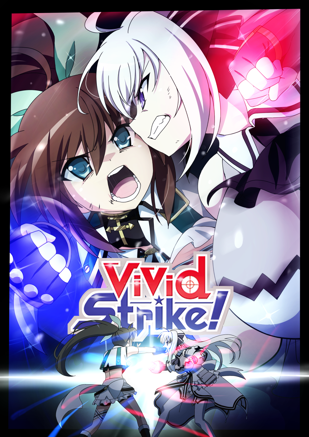 2girls, ahoge, angry, breasts, bruise, clenched_teeth, fighting, fuka_reventon, gesugesu_ahoaho, green_ribbon, highres, injury, large_breasts, logo, long_hair, looking_at_another, lyrical_nanoha, magical_girl, multiple_girls, ribbon, rinne_berlinetta, teeth, vivid_strike!