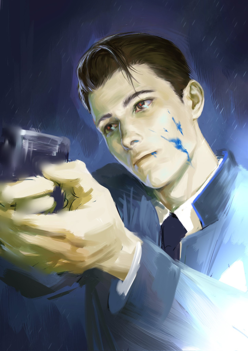 1boy, aiming, black_necktie, blood, blood_on_face, blue_background, blue_blood, brown_hair