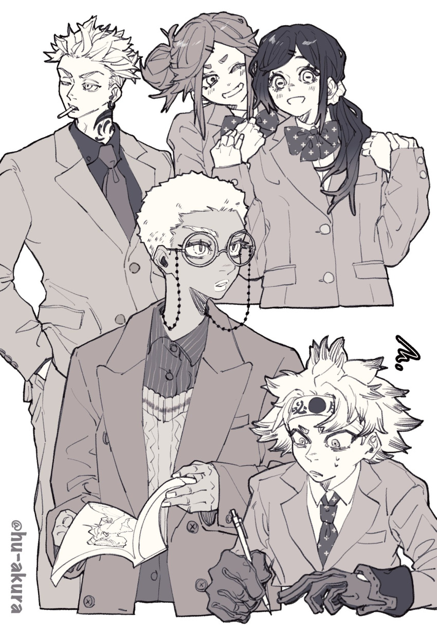 2boys, 3girls, amo_empool, bow, bowtie, collared_shirt, dark-skinned_female, dark_skin